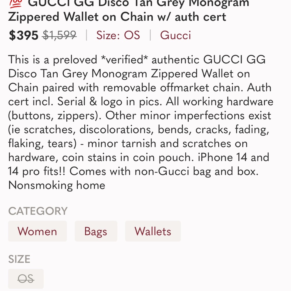 💯 GUCCI GG Disco Tan Grey Monogram Zippered Wallet on Chain w/ auth cert - Picture 12 of 12
